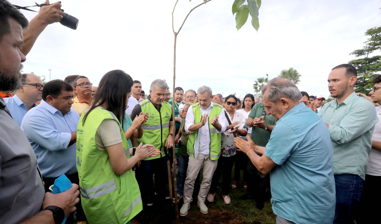 grupo de pessoas num parque vendo uma muda sendo plantada